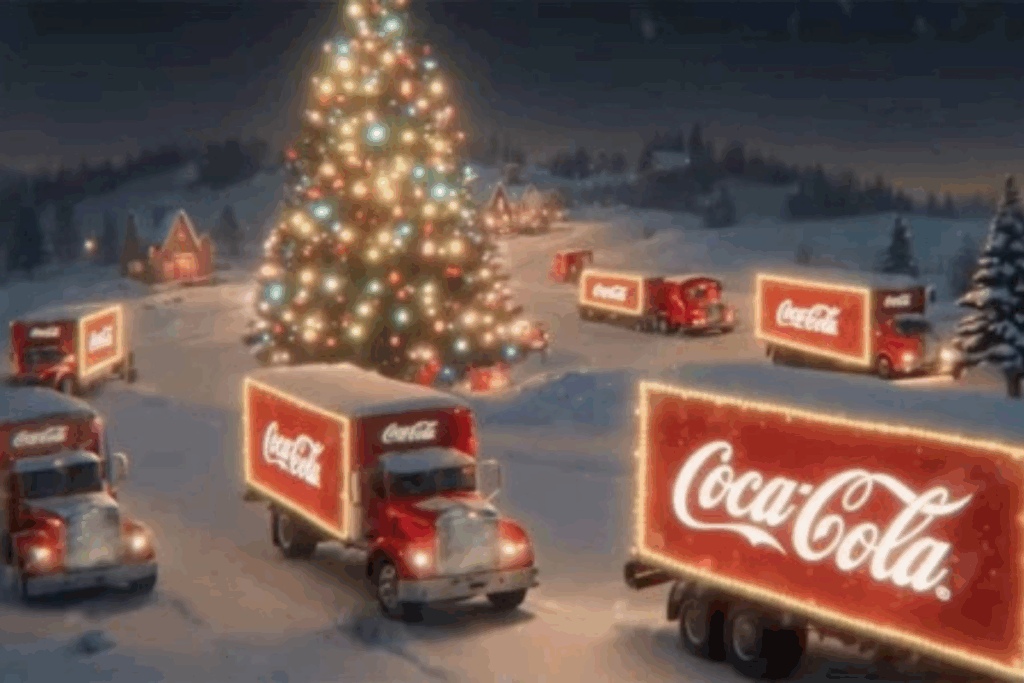 Cenário com neve, arvore de natal e caminhões da coca cola.