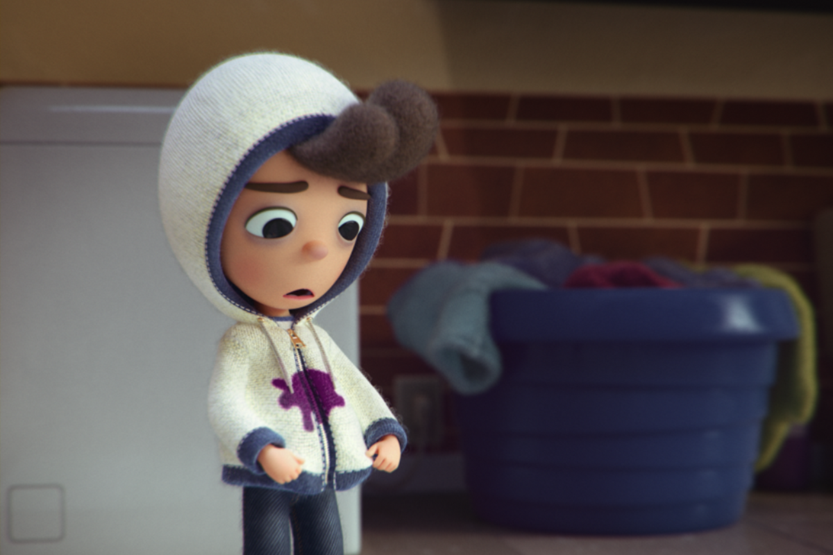 Animação de um menino observando a mancha em sua roupa com expressão de incômodo.