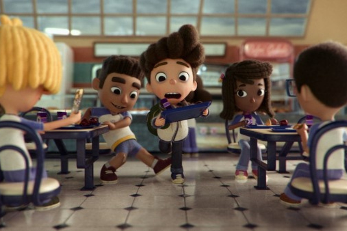 Uma animação mostrando alunos praticando bullying contra um colega.